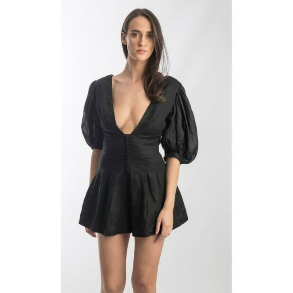 Joslin Andrea Linen Ramie Playsuit Black Size 10 RRP 329